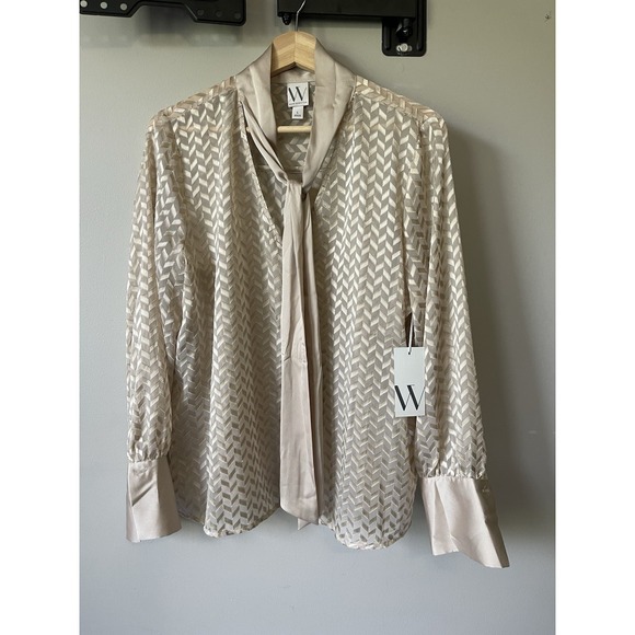 Worthington Tops - Women's Blouse Buss/dress Style, Size L, Beige, Long Sleeve With Neck Tie